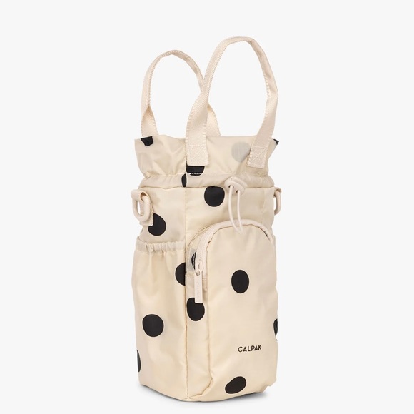 NWT calpak water bottle holder bag w top handles beige/white + black polka dot - Picture 3 of 5